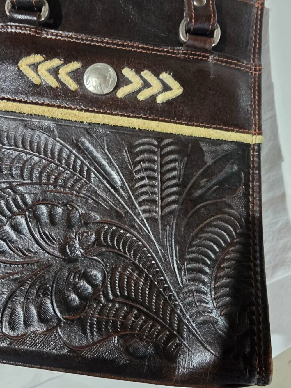 American West Brown Tooled Leather Shoulder Bag Vintage Buffalo Nickel Accent